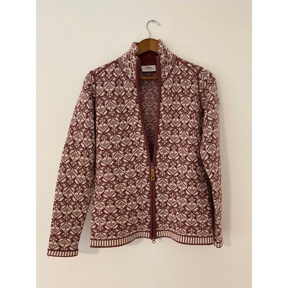 Fjallraven Snow Cardigan Mesa Purple Full Zip 100% Wool Off White EUC S $385 - Picture 1 of 14
